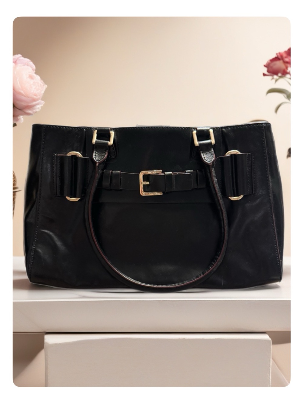 ANTONIO MELANI Black Leather Shoulder Tote with Buckle Detail